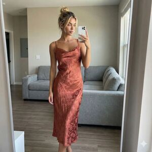 Slip Dress Satin Midi Copper Bronze Floral.Jacquard Cowl Neck Slip Wedding Prom